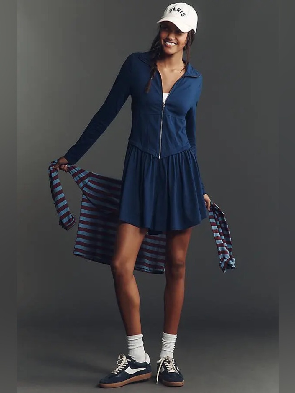 Daily Practice Taylor Corset Long Sleeve Zip Up Mini Dress in Navy Blue